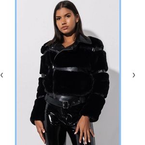 Akira Roman Holiday Faux Fur Panel Moto Jacket
